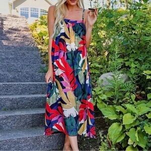 a new day Sleeveless Trapeze Tropical Leaf Print Spaghetti Strap Dress
